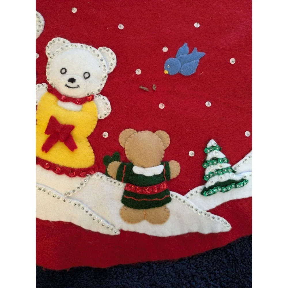 Christmas Tree Skirt Holiday Deco Felt Applique Bears Snowman Red 36
